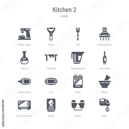 set of 16 vector icons such as mixer, mitten, recipe, microwave oven, mortar, stove, tray, kitchen board from kitchen 2 concept. can be used for web, logo, ui\u002fux