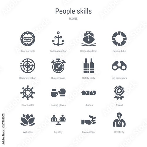 set of 16 vector icons such as creativity, environment, equality, wellness, award, shapes, boxing gloves, boat rudder from people skills concept. can be used for web, logo, ui\u002fux