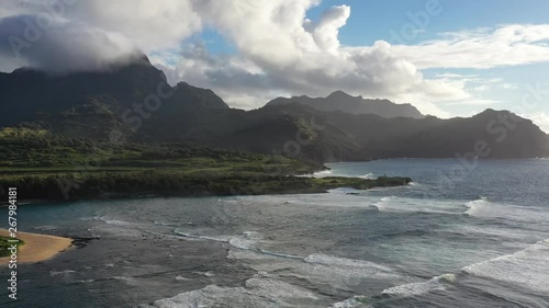 Sweeping aerial view of the southeast shore of Kauai, Kawelikoa Point, Kamala Point, Mahaulepu Beach, Gillin's Beach and Punahoa Point photo