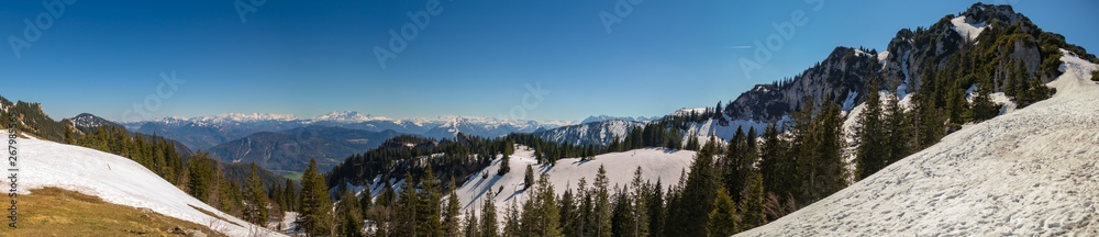 High resolution stitched panorama of alpine winter view at the famous Kampenwand summit-Aschau-Chiemgau-Bavaria-Germany