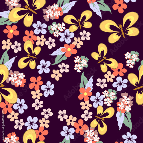 Vector seamless floral multicolored pattern with flowers and yellow butterflies on violet background, pattern for design of textiles, printed fabric.