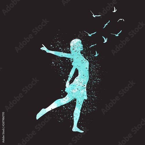 Freedon concept. Watercolor dancing silhouette of girl with birds.