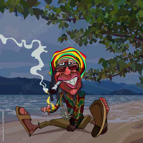 cartoon funny man rastaman sits by the sea and smokes