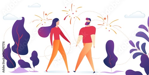 Man and Woman Stand Outdoors with Fireworks in Sky