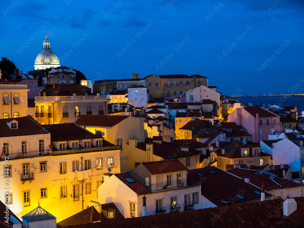 View from the Miradouro Santa Luzia to the old town of Lisbon, behind the, National Pantheon, Alfama district, Lisbon, Portugal
