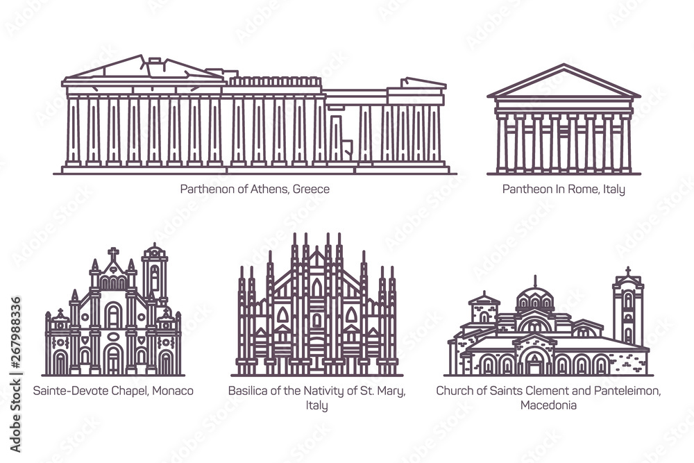 Set of line isolated european religion buildings Set of line isolated european religion buildings