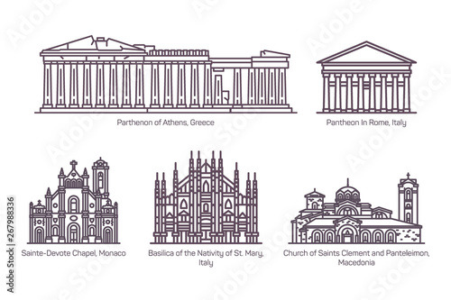 Set of line isolated european religion buildings