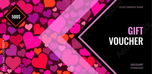 Bright Gift voucher with color hearts on background for wedding or for Valentine s day greeting card. Black arrows with empty place for text. 