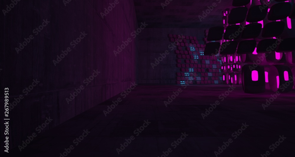 Abstract  Concrete Futuristic Sci-Fi interior With Pink And Blue Glowing Neon Tubes . 3D illustration and rendering.
