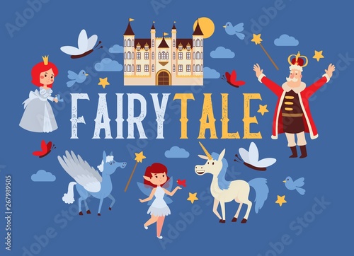 Fairy tale vector cartoon kingdom king princess character in castle fairytale palace tower backdrop royalty of unicorn pegasus illustration background