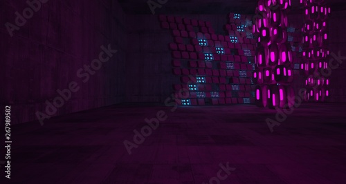 Abstract Concrete Futuristic Sci-Fi interior With Pink And Blue Glowing Neon Tubes . 3D illustration and rendering.