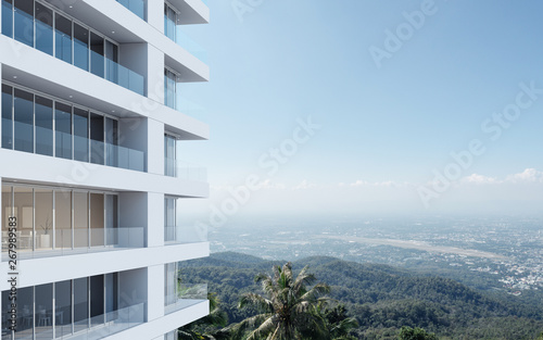 Perspective of high-rise condominium building with mountain and city view background - 3D rendering - Illustration photo