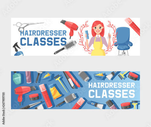 Hairdresser tools vector pattern haircutter woman character professional hairdressing accessories scissors hairbrush barber equipment in beauty salon background illustration backdrop