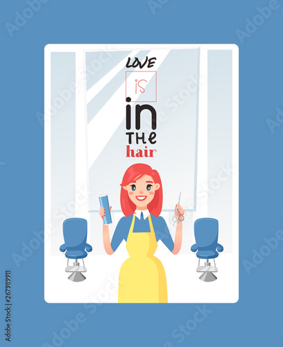 Hairdresser vector haircutter woman character with professional hairdressing accessories scissors hairbrush barber tools equipment in beauty salon background illustration backdrop