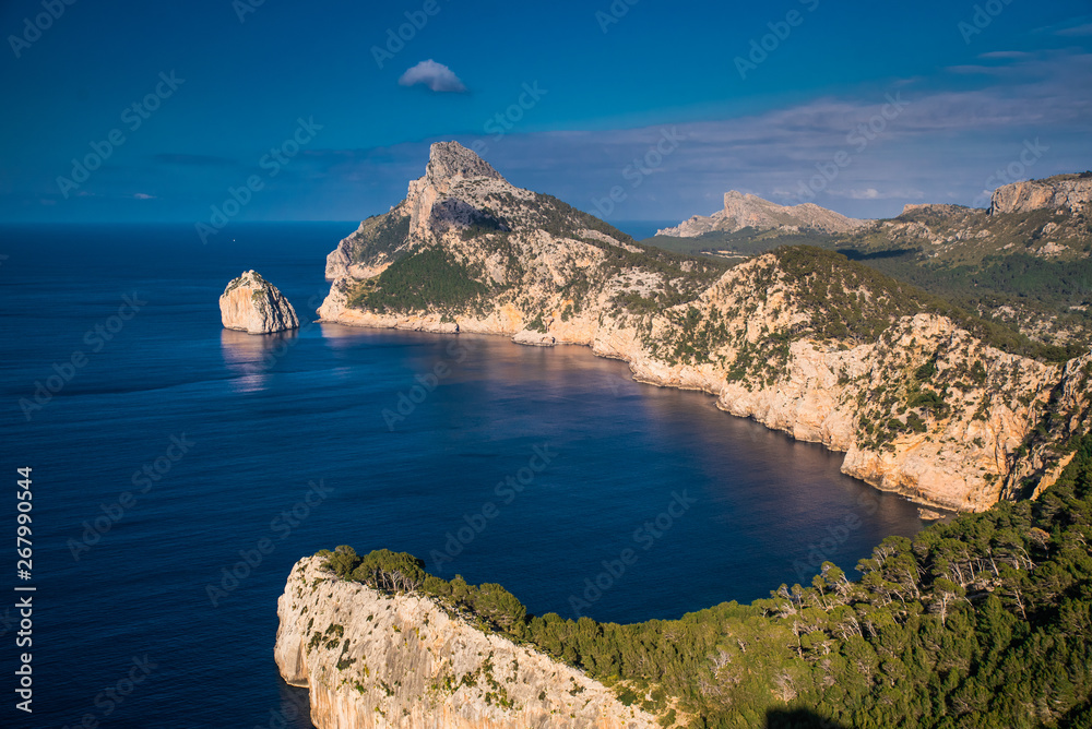 Formentor cape to Pollensa high aerial sea view in Mallorca balearic islands