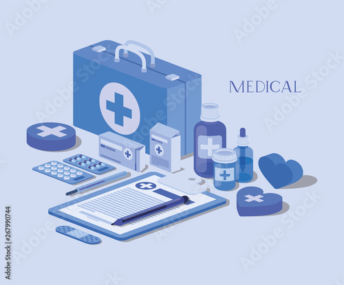 medical kit with order in checklist and set icons