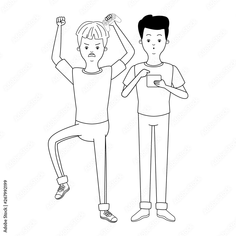 Millennial people game party in black and white Millennial people game party in black and white