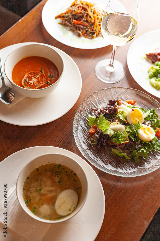 Nutritious three course lunch in a restaurant Nutritious three course lunch in a restaurant