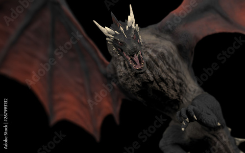Dragon is above viewer, he is coming to get you. Black background isolated 3d illustration