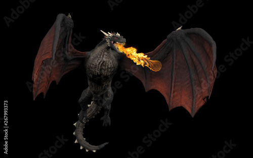 Dragon throwing fire ball while haning in air black background isolated 3d illustration