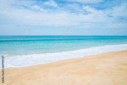 Tropical papradise beach with blue sky in sunshine day. Tropical summer beach holiday vacation lifestyle traveling  resort hotel business concept.