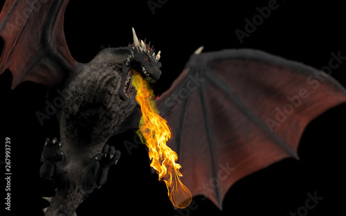 Dragon looking mean and powerful with flames black background isolated 3d illustration