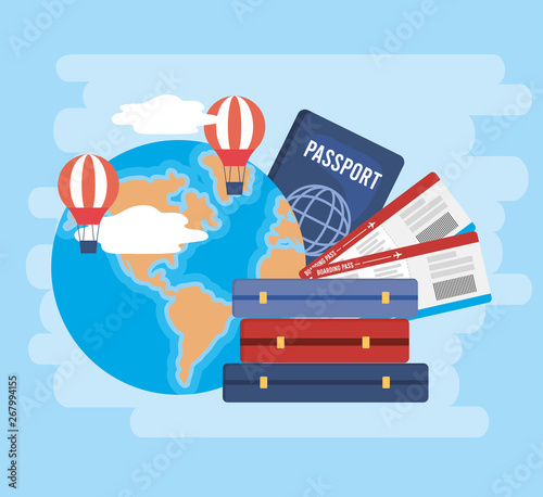 global map with air balloons and tickets with passport