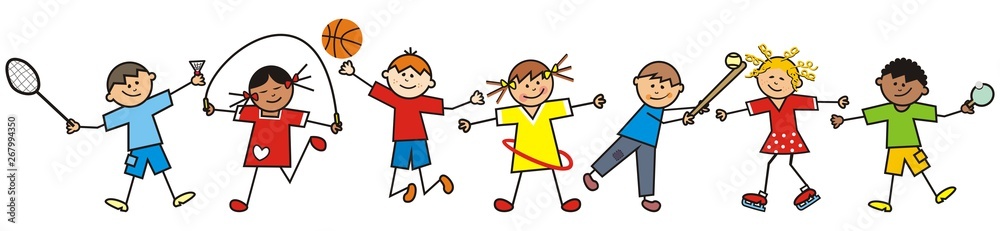 Happy kids and sports equipment, funny vector illustration Happy kids and sports equipment, funny vector illustration