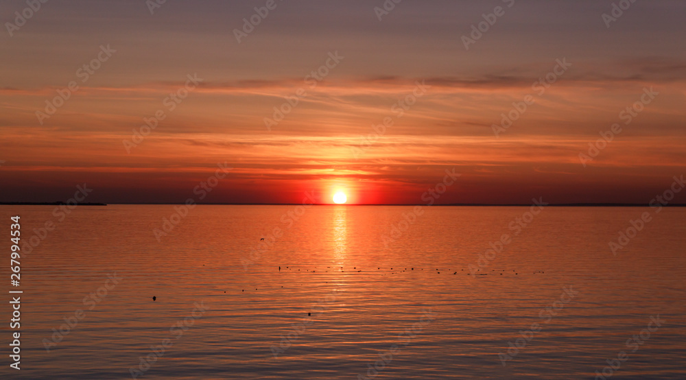 Beautiful sunset over the sea. The sun sets on the water. The sky is painted with bright colors. Sunset beach in a summer evening. Gulf of Finland, Baltic sea, Kronstadt, Saint-Petersburg, Russia. Beautiful sunset over the sea. The sun sets on the water. The sky is painted with bright colors. Sunset beach in a summer evening. Gulf of Finland, Baltic sea, Kronstadt, Saint-Petersburg, Russia.