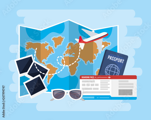 global map with airplane and passport with tickets