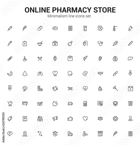 Pharmacy and clinic, medicine and health, drugs for the treatment of diseases. Minimalism vector symbols. Line icons set.