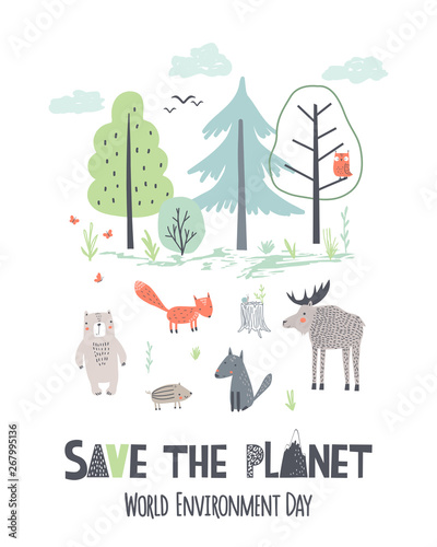 Save the planet. Hand draw vector illustration of Earth Day
