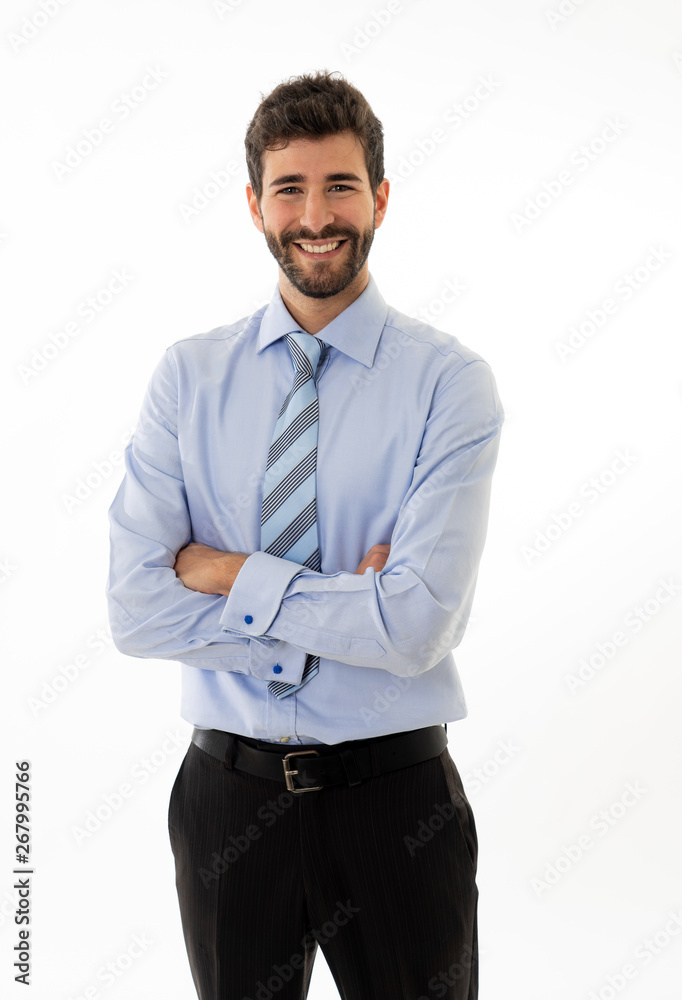 Half-length portrait of attractive stylish and successful businessman smiling with confidence Half-length portrait of attractive stylish and successful businessman smiling with confidence