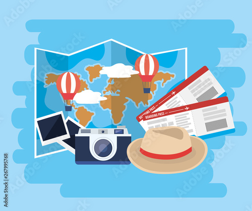 global map with air balloons and tickets with camera