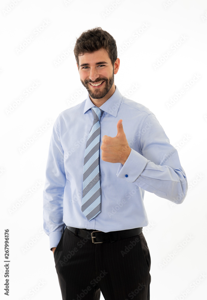 Portrait of attractive stylish and successful businessman smiling with thumbs up gesture Portrait of attractive stylish and successful businessman smiling with thumbs up gesture