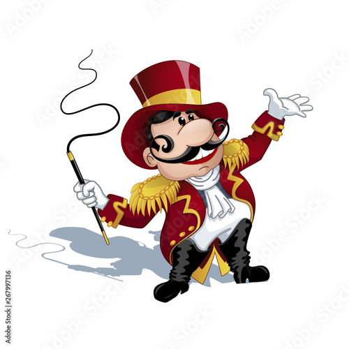 A trainer with a mustache in a red uniform with gold epaulettes, a hat on his head, a whip in his hands. A circus character in the style of a card. Vector Illustration.