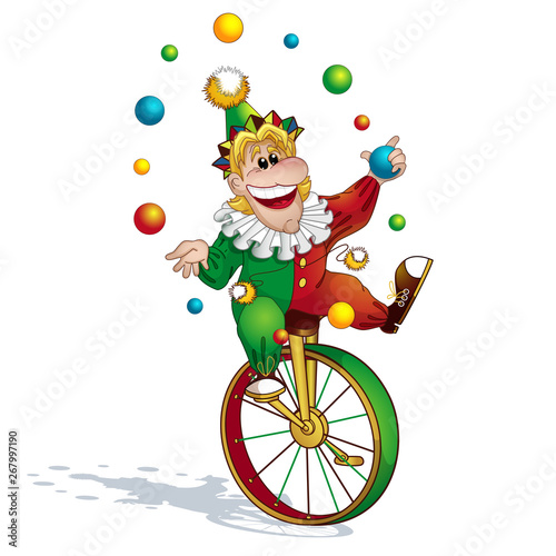 The clown juggler in a red-green suit and a cap juggles with balls and rides on a unicycle. A circus character in the style of a card. Funny kids vector illustration.