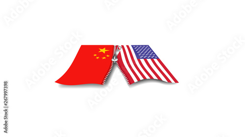 Vector image of China and USA flag zipping together or zipping apart- relationship between the two countries