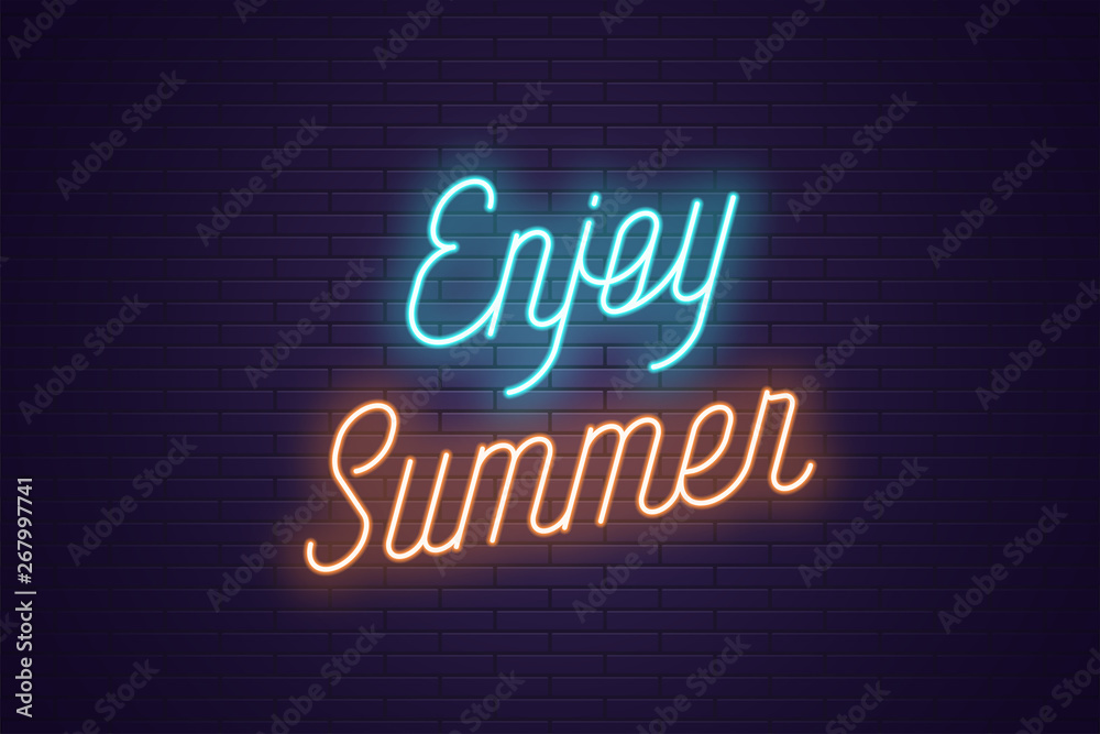 Neon lettering of Enjoy Summer. Glowing text