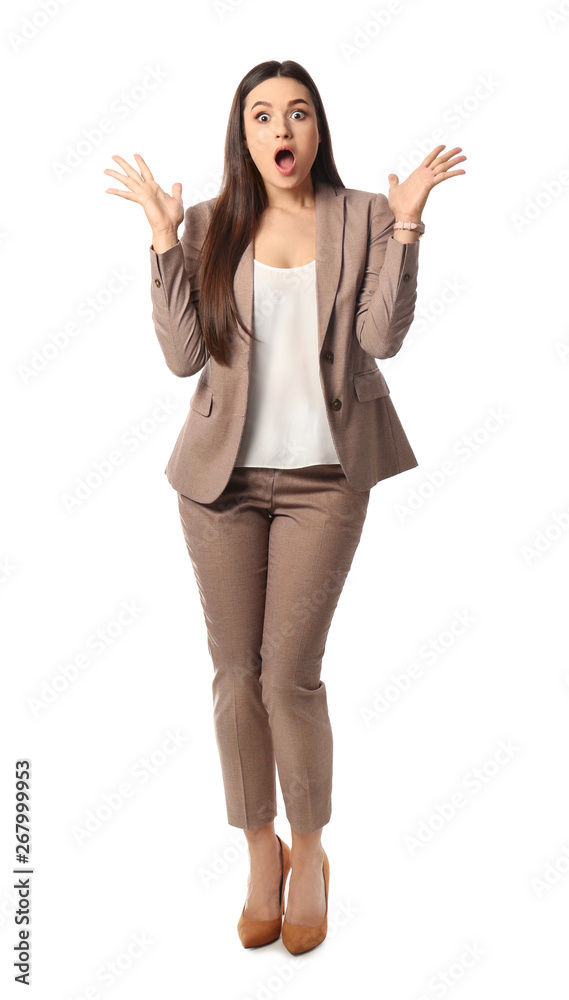 Full length portrait of emotional businesswoman on white background Full length portrait of emotional businesswoman on white background