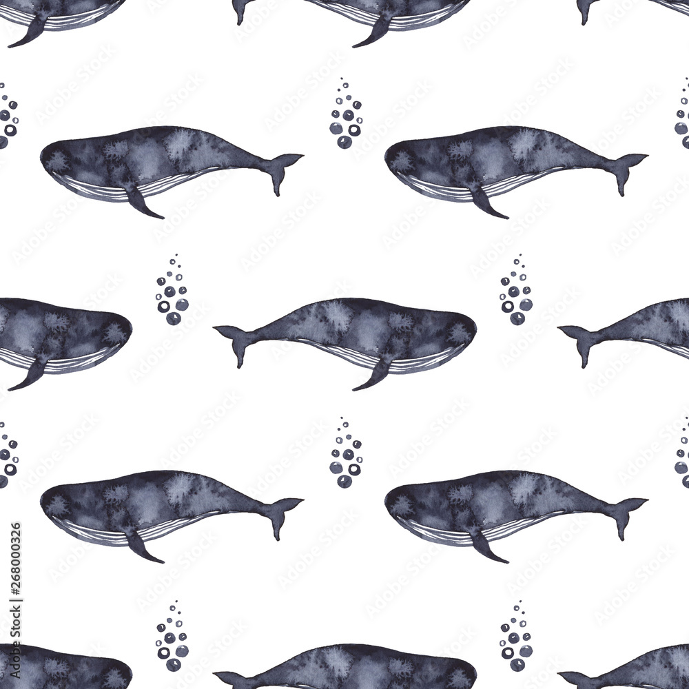 Whale in indigo color painting. Watercolor art drawing. Sea fish blue colour.  Ocean animal. Seamless pattern for fabric, textile, background, decoration  kid illustration. silhouette element for design Stock Illustration | Adobe  Stock
