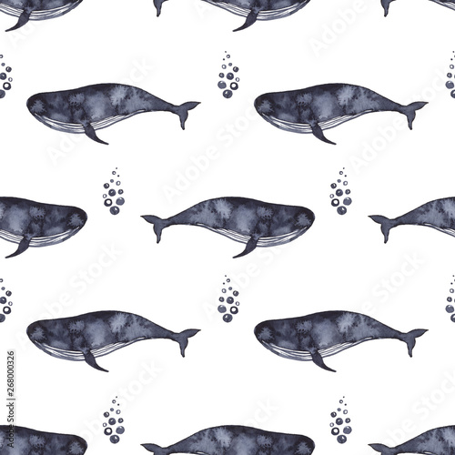 Whale in indigo color painting. Watercolor art drawing. Sea fish blue colour. Ocean animal. Seamless pattern for fabric  textile  background  decoration kid illustration. silhouette element for design