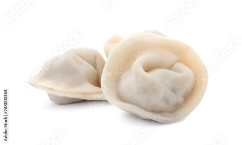 Fresh tasty boiled dumplings on white background