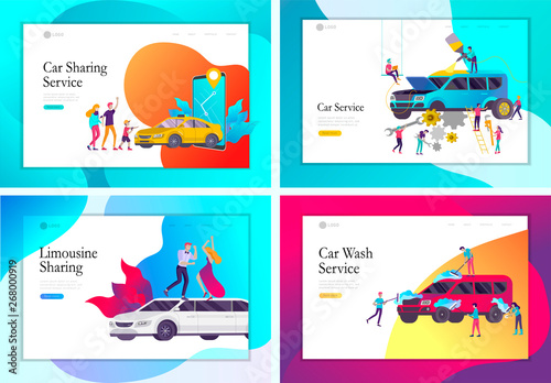 Landing page template mobile city transportation, online limousine, car sharing with family character and smartphone. People characters and automobile repair service, cleaning vehicle. Car wash