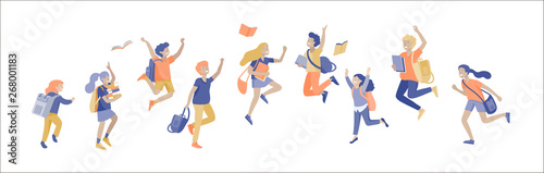 Happy school children joyfully jumping and laughing isolated on white background. Concept of happiness, gladness and fun. Vector illustration for banner, poster, website, invitation.