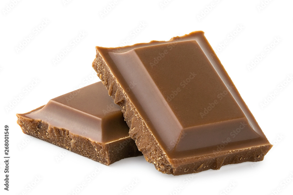 Two squares of milk chocolate isolated on white. Rough edges. Two squares of milk chocolate isolated on white. Rough edges.