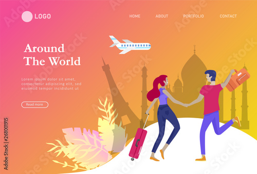 landing page template with people travel on vacation. Tourists with laggage travelling with family, friends and alone, go on journey. Time to happy travel. Vector illustration cartoon style
