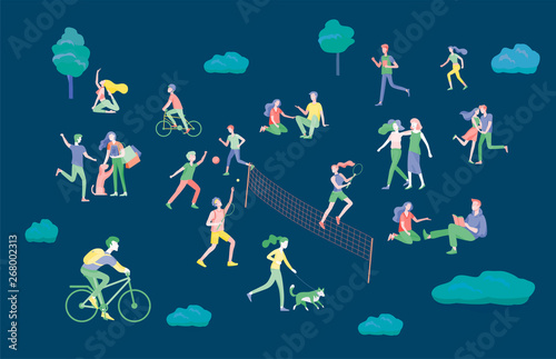 People Spending Time, Relaxing on Nature, family and children performing sports outdoor activities at park, walking dog, doing yoga, riding bicycles, tennis workout. Cartoon vector illustration