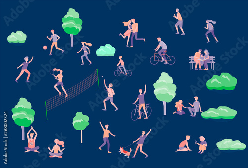 People Spending Time, Relaxing on Nature, family and children performing sports outdoor activities at park, walking dog, doing yoga, riding bicycles, tennis workout. Cartoon vector illustration