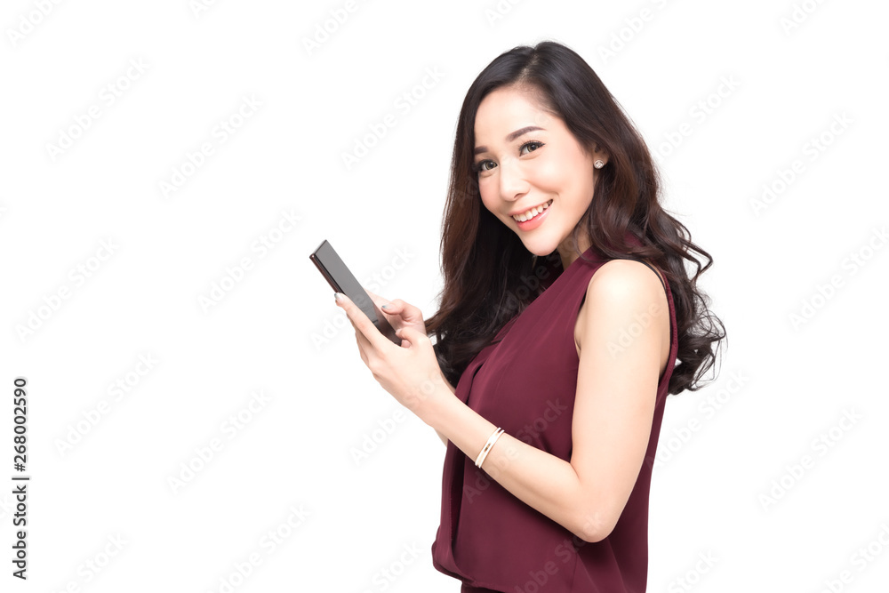 Woman use of cellphone isolated on white background, Businesswoman is typing SMS on mobile phone, Close up portrait of a happy lady playing games on smartphone, Asian Thai model Woman use of cellphone isolated on white background, Businesswoman is typing SMS on mobile phone, Close up portrait of a happy lady playing games on smartphone, Asian Thai model